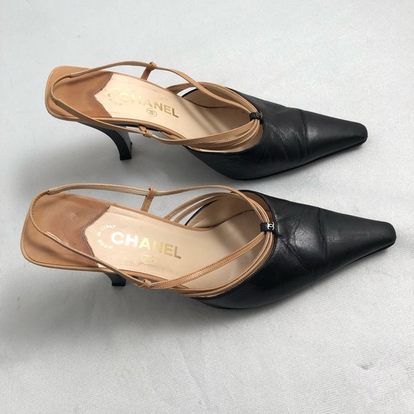 Chanel black and tan leather strappy slingback heel shoes - Picture 4 of 6